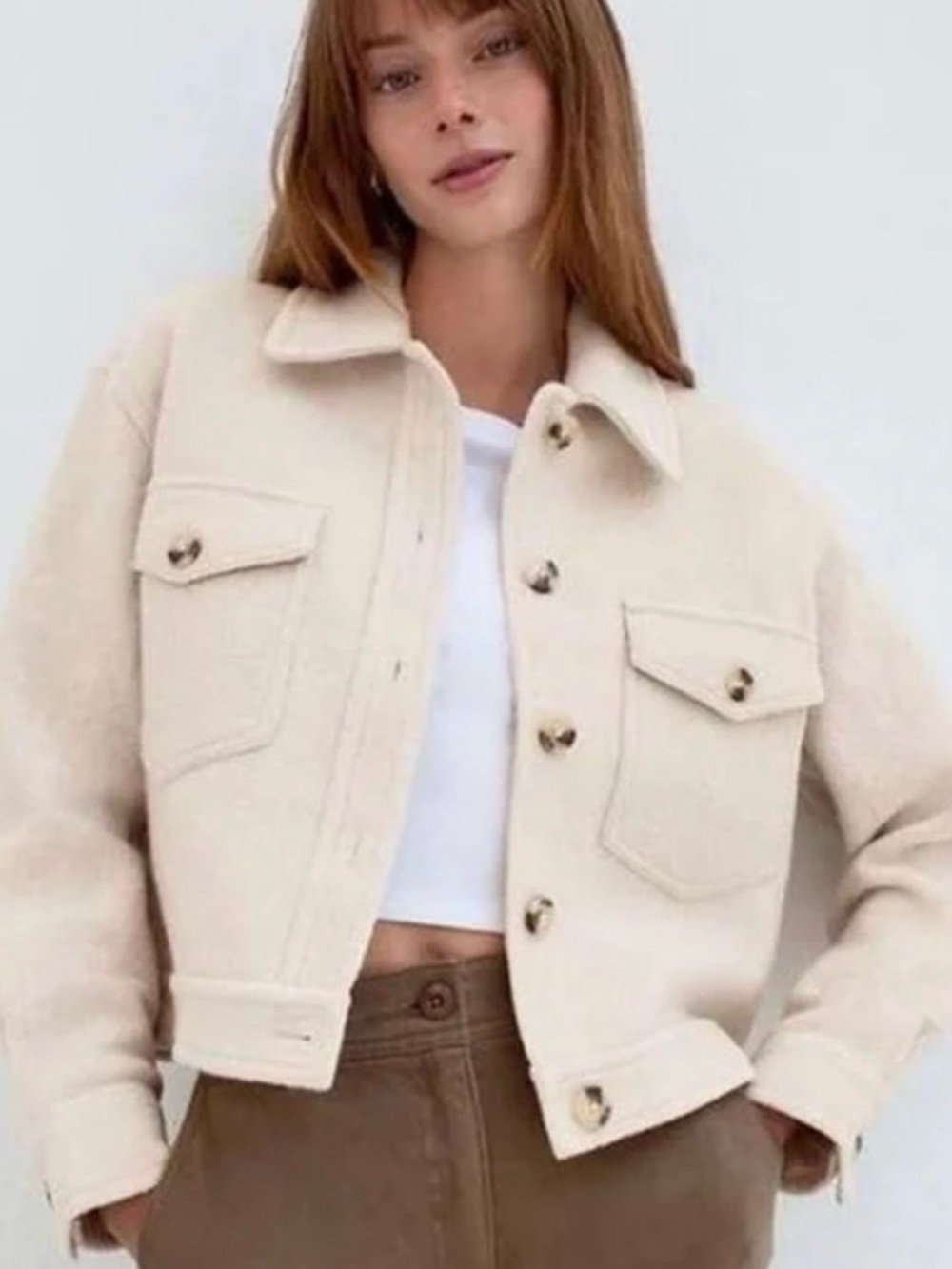 Aritzia Wilfred Free Cream The Ganna Button-Front Wool-Blend Jean Jacket Cropped